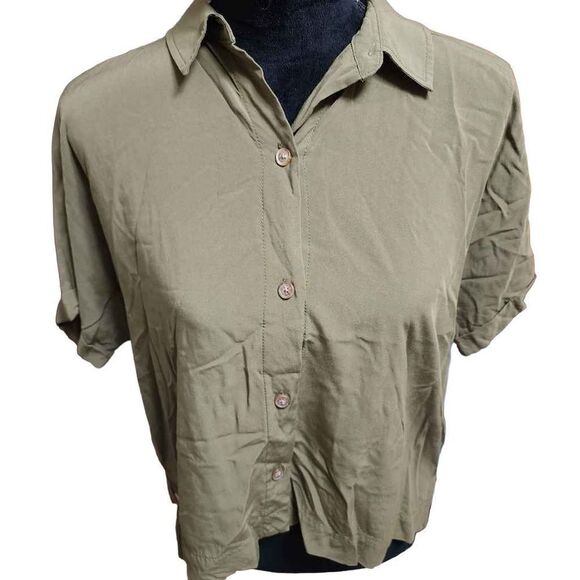 Old Navy Green Large Collared Cropped Rayon Top - Picture 3 of 9